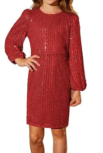 Produktbild: GRACE KARIN Mädchen Langes Rundhalsausschnitt Kleid Pailletten Rot Partykleider Festkleider Rot 06Y