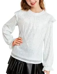 Produktbild: Mädchen Pailletten Tops Langarm Hip Hop Disco Tanzkleidung Pailletten Bluse Rollkragen Weiß 10-12 Jahre