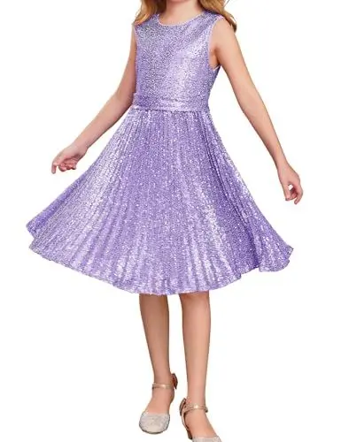 Produktbild: GRACE KARIN Mädchen Partykleid A-Linie Pailletten Kleid Midi Sommerkleid Festlich Swing Kleid 7-8 Jahre/Lila -5