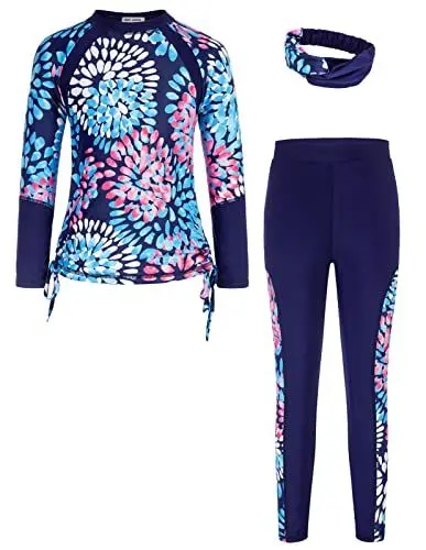 Produktbild: GRACE KARIN Mädchen Rash Guard Badeanzug Set Sommer Urlaub Bademode Zwei Stücke Lange Ärmel Schwimmen Sets für Mädchen Dunkelblau Blumen 6-7 Jahre