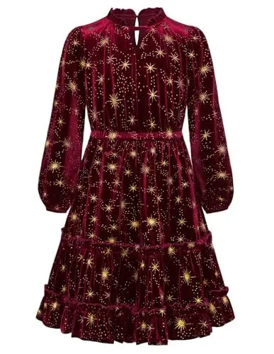 Produktbild: Mädchen A-Linie Partykleid Midi Rüschen Glitzer Prinzessinenkleid Langarm Samt Halloween Kostüm Festlich Winterkleid Rotwein 10-12 Jahre