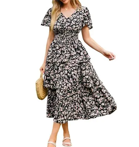 Produktbild: GRACE KARIN Damen V-Ausschnitt Sommerkleid Hochzeit Blumen-Freizeitkleid Fließendes Midikleid mit Blumen für Reisen und Urlaub S Pinke Blumen-Schwarz
