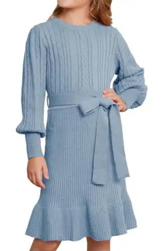 Produktbild: GRACE KARIN Mädchen Zopfstrickkleid Frühling Herbst Winter Pullover Kleider für Teenager Partykleid Hellblau 7 Jahre