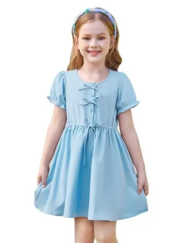 Produktbild: GRACE KARIN Mädchenkleid Unifarben Kurzarm Kinder 2025 Frühling Sommer Legeres T-Shirt Kleid Blau 8-10 Jahre