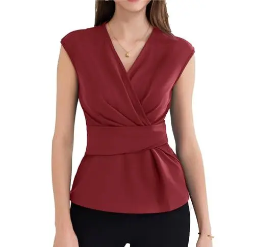 Produktbild: GRACE KARIN Modern Elegant Übergröße Slim Fit Solide Farbe Bluse für Damen Sommer Tunika Leichte Cool Hemdshirt Dunkelrot M
