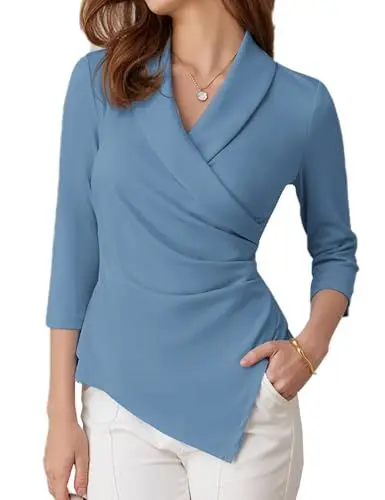 Produktbild: GRACE KARIN Elegant Oberteile Damen WickelBlusen 3/4-Ärmel Bluse Damen Herbst Winter Business Büro Elegant M Blaugrau -4