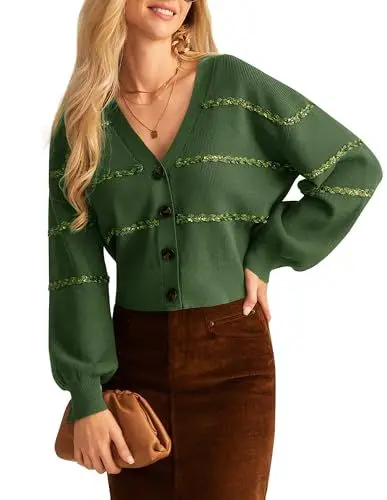 Produktbild: GRACE KARIN Offener Vorderseite Kurzer Cardigan V-Ausschnitt Laternenärmeln Cardigan mit Etro-Knöpfen Armeegrün L