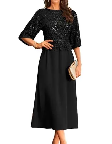 Produktbild: Swing Kleid Damen Elegant A-Linie Cocktailkleid Damen Lang Chiffon Kleid Sommer Herbst M Schwarz -2