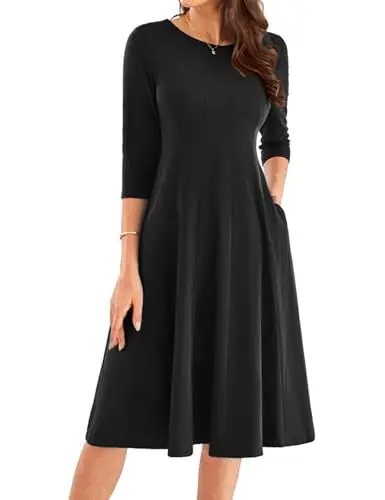 Produktbild: Kleid Damen Herbst Langarm Swing Kleid Damen Rundhalsausschnitt Casual Midikleid M Schwarz -1