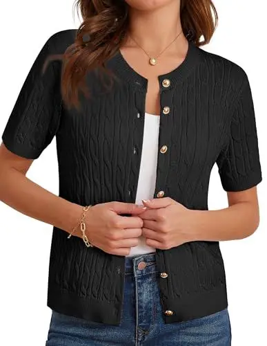 Produktbild: GRACE KARIN Sommer Strickjacke für Damen Kurzarm Bolero Cardigan Elegante Stricktop mit Zopfmuster Stricktop Schwarz 2XL