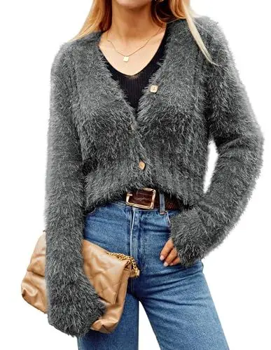 Produktbild: GRACE KARIN Strickjacke Damen Kurz Strick Cardigan V-Ausschnitt mit Holzknöpfen Open Front Sweater Elegant Casual Schulterjacke Top Elegant Casual Schulterjacke Top