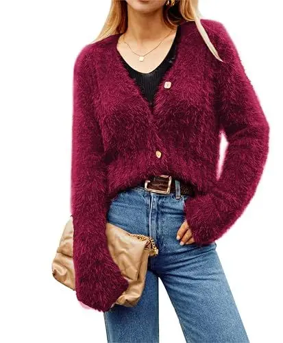 Produktbild: GRACE KARIN Strickjacke Damen Kurz V-Ausschnitt Langarm Cardigan Knopfleiste Weich Gemütlich Herbst Winter Strickpullover Elegant Casual Schulterjacke Top