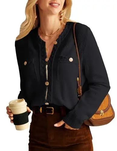 Produktbild: GRACE KARIN Strickjacke Damen Rundhals Herbstjacke mit Knopf Cardigan Damen Langarm L Schwarz-1