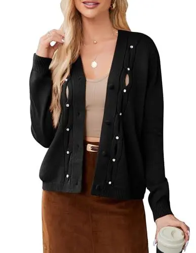 Produktbild: GRACE KARIN Strickjacke Damen V-Ausschnitt Strickpullover Damen Herbst Cardigan Damen Elegant S Schwarz -4