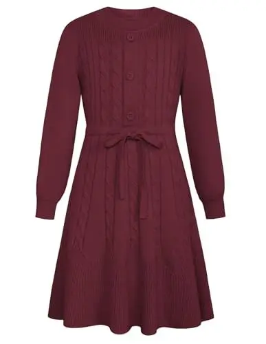 Produktbild: GRACE KARIN Strickkleid Weinrot Elegant Kleid Weihnachten Festlich mit Knopfleiste Pulloverkleid 8-10 Jahre/Weinrot -5