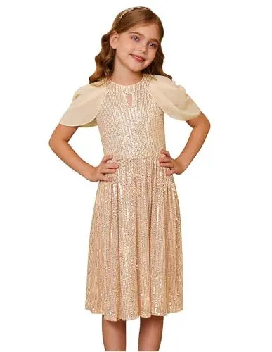 Produktbild: GRACE KARIN Teenager-Mädchen Pailletten Partykleid Prinzessin Ballkleider Chiffon Ärmel Champagner Gold 12-14 Jahre