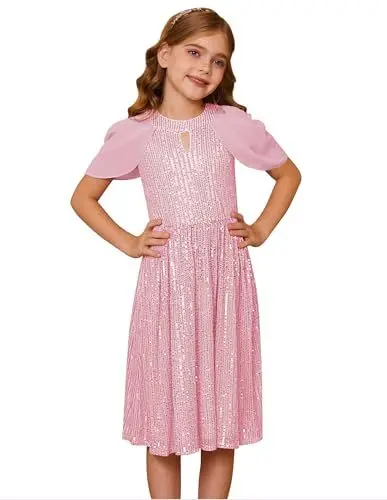 Produktbild: GRACE KARIN Elegantes Partykleid für Kinder mit Rundhalsausschnitt glitzernde Pailletten Kleider für 7–8 Jahre alte Mädchen Rosa