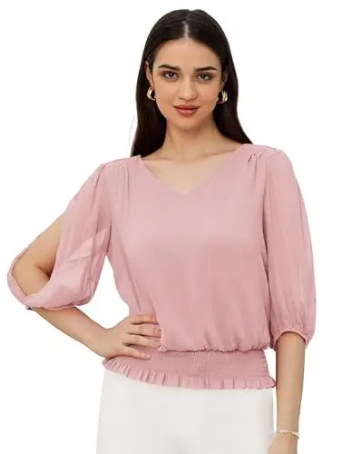 Produktbild: Damen Elegant Chiffon Bluse 3/4 Ärmel Modern Oberteile Damen für Herbst Tops Casual Shirt M Hellrosa
