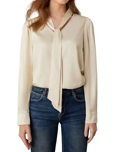 Produktbild: GRACE KARIN Trendy Herbst Damen Satin V-Ausschnitt Langarm Blusen mit Bindeband Aprikose M