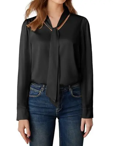 Produktbild: GRACE KARIN Trendy Herbst Damen Satin V-Ausschnitt Langarm Blusen mit Bindeband Schwarz L