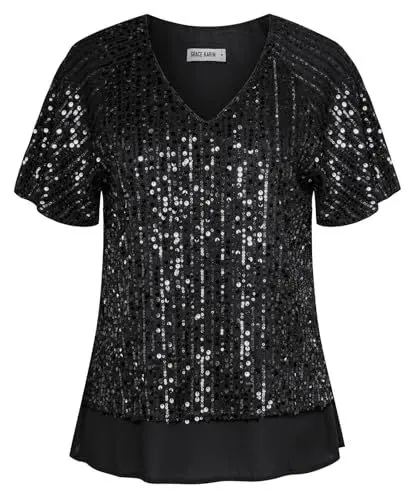 Produktbild: Damen Festival Elegant Oberteil mit Chiffonfutter Fashion V-Ausschnitt Glänzendes Bluse Club Tunika Top Schwarz M