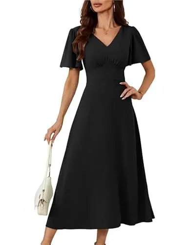 Produktbild: Women Frühling Sommer Herbst Kurzarm Kleid High Waist A-Linie Cocktaikleid Cape Ärmel A-Linie Chiffon Kleider Schwarz S
