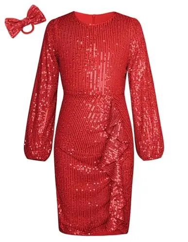 Produktbild: GRACE KARIN Kleider Mädchen Festlich Sommer Herbst Paillettenkleid Kinder Partykleid Knielang Faltenkleid 7-8 Jahre/Rot-5