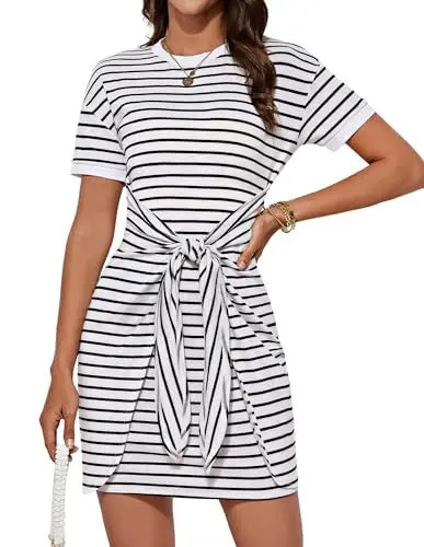 Produktbild: GRACE KARIN Women Casual Rundhals Kurzarm Bodycon Kleid Sommer Streifen Freizeitkleid Mini Strandkleid Weiß-dunkelblaue Streifen XL