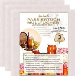 Produktbild: Grade 100+ PACKARDI Passiertuch 3 Stück ca. 50x50 cm je Käsetuch, Cheesecloth Filtertuch Seihtuch 100% ungebleicht, aus reiner Baumwolle, fusselfreie Mulltücher mit vernähten Ecken