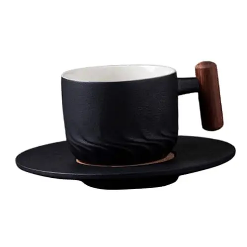 Produktbild: GRADENEVE Kaffeetassen-set Aus Keramik mit Einzigartigem Design Großer Becher Holzgriff Latte-cappuccino-tassen Schwarz 2-teilig