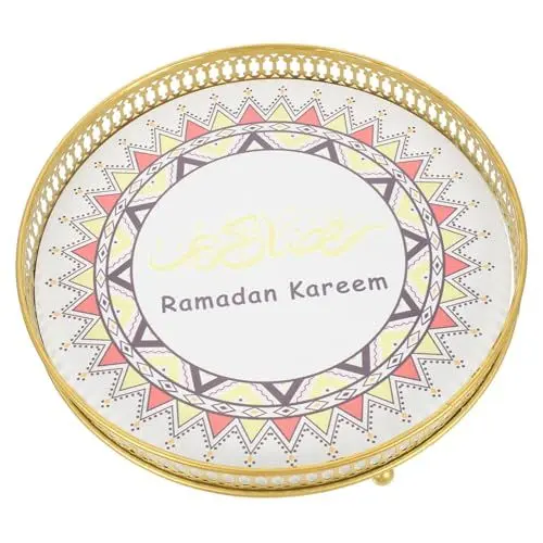 Produktbild: GRADENEVE Kuchenteller Tablett mit Ramadan- kleiner runder Süßigkeitenteller multifunktionales Dessert-Serviertablett festliche Party dekoratives Serviertablett in Eisenkunst