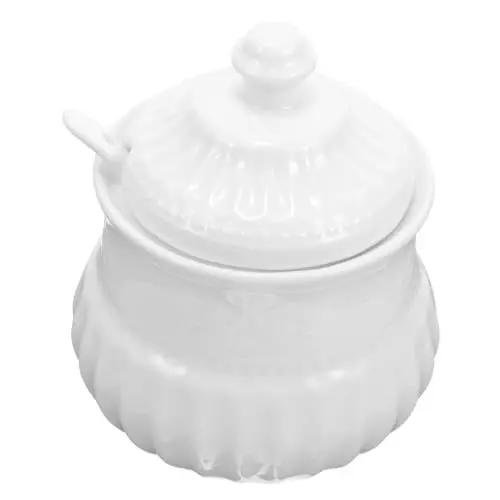 Produktbild: GRADENEVE Zuckerdose Aus Keramik Mit Löffel Weißes Relief-design Servierplatte Für Süßigkeiten Zur Aufbewahrung Von Gewürzen Zu Hause