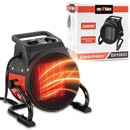 Produktbild: Grafner Keramik Heizlüfter mit 2000 Watt 2KW, 3 Heizstufen, automatischer Thermostat, kraftvoller Turbo Heizer, PTC-Element, Überhitzungsschutz, Bauheizer elektrisch, Elektroheizung, Zeltheizung