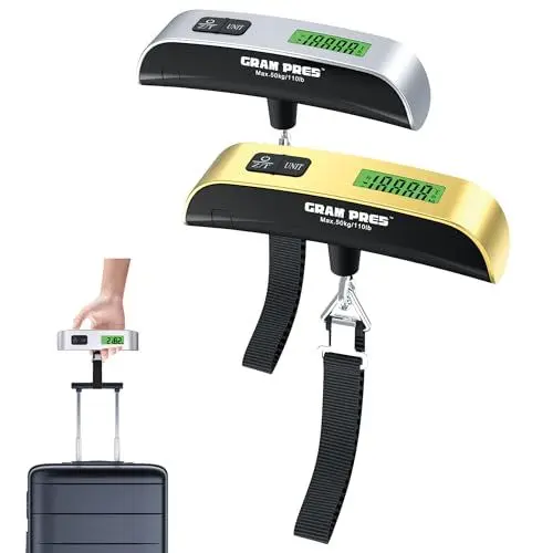 Produktbild: GRAM PRES Gepäckwaage 2PCS, Travel Essentials, Portable Digital Postal Hanging Baggage Scale für Reisen, Kofferwaage mit Gummibeschichtung, 110lb/50kg, Temperatursensor, inkl. Batterie