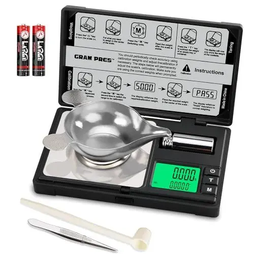 Produktbild: GRAM PRES Hochpräzise Milligramm-Waage, 50g/0.001g Digitale Mini-Taschen-Gramm-Waage, Mg-Waage zum Wiegen von Pulvern, Schmuck, Medizin, Wiederladen, mit Cal-Gewicht, Pinzette ，Tray und Schaufel