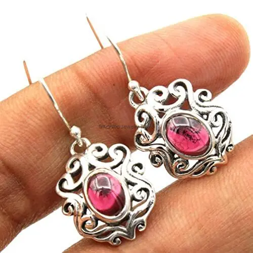Produktbild: Granat echter Edelstein Sterling Silber Ohrringe für Frauen und Mädchen, Lünette Set Ohrhaken, rote Brautjungfer Ohrringe Weihnachtsgeschenk