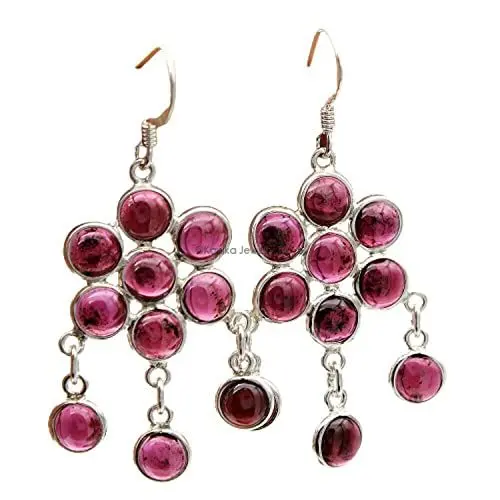 Produktbild: Granat-Edelstein-Sterling-925-Silber-Kronleuchter-Ohrringe für Frauen und Mädchen, Ohrring-Ohrringe mit Lünette, rote Brautjungfern-Ohrringe, Weihnachtsgeschenk