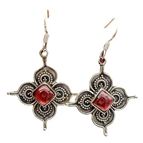 Produktbild: Granat-Edelstein-Sterlingsilber-Designer-Ohrringe für Frauen und Mädchen, Ohrhaken mit Lünette, rote Brautjungfernohrringe, Weihnachtsgeschenk