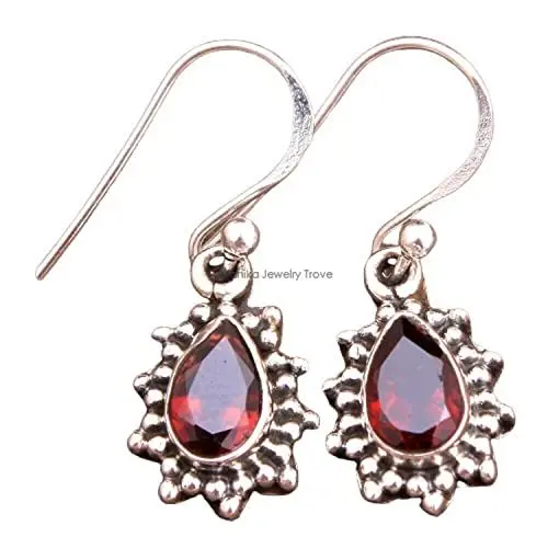Produktbild: Granat-Edelstein-Sterlingsilber-Tropfen-Ohrringe für Frauen und Mädchen, Lünette-Set-Ohrringe, rote Brautjungfern-Ohrringe, Weihnachtsgeschenk