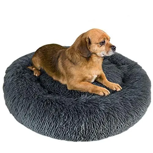 Produktbild: Granbest Luxus Plüsch Hundebett Katzenbett Rund Hundekissen Super Weich Doughnut-Form Haustierbett für kleine mittelgroße Hunde Kunstpelz Haustierbett Maschinenwaschbar (60cm, Grau)