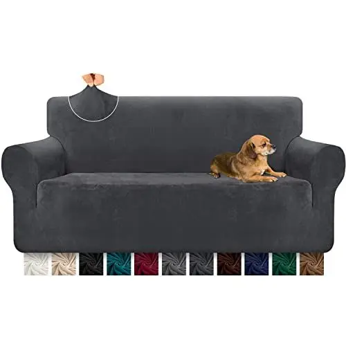 Produktbild: Granbest Super weiche Samt Sofabezug 3 Sitzer 1 Stück stilvolle Luxus Plüsch Sofabezug mit Schaumstoffstäben Spandex verdickt Möbelschutz Couchbezug (3 Sitzer,Grau)