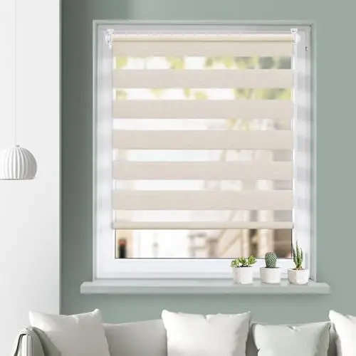 Produktbild: Grandekor Doppelrollo Klemmfix ohne Bohren Leinen 75x140cm(Stoffbreite 71cm) Fenster Rollos für innen Klemmrollos Duo Rollos für Fenster ohne Bohren mit Bohren Privatschutz UV-Schutz Zebrarollo