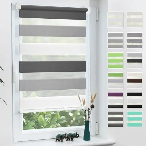 Produktbild: Grandekor Doppelrollo Klemmfix ohne Bohren Weiß-Grau-Anthrazit 55x120cm(Stoffbreite 51cm) Fenster Rollos für innen Klemmrollos Duo Rollos für Fenster ohne Bohren mit Bohren Privatschutz Zebrarollo