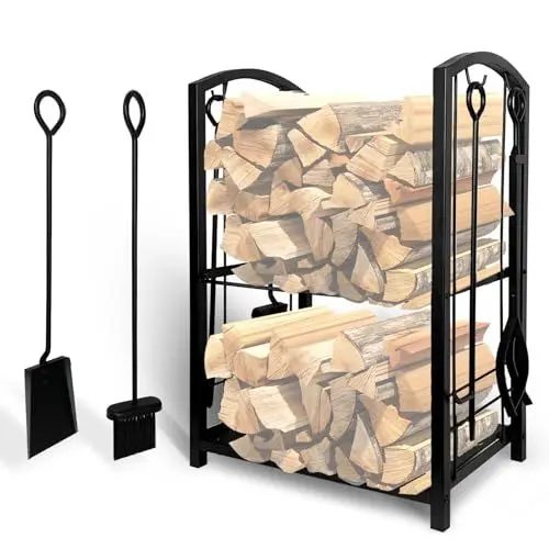 Produktbild: Grandhom Kaminholzregal innen with 4pcs Kaminwerkzeuge Set,2-Lagen Brennholzregal und Kamin Zubehör, Holzofen Metall Kaminholzständer with Kamin Besteck für Holzaufbewahrung,Schwarz, 45x30x75cm