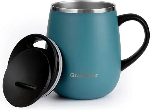 Produktbild: GRANDTIES Insulated Coffee Mug with Handle- Sliding Lid for Splash-Proof 16 oz Wine-Glass Shape Thermal Tumbler with Double Walled Vacuum Stainless Steel to Keeps Beverages Hot or Cold-Atlantis Blue