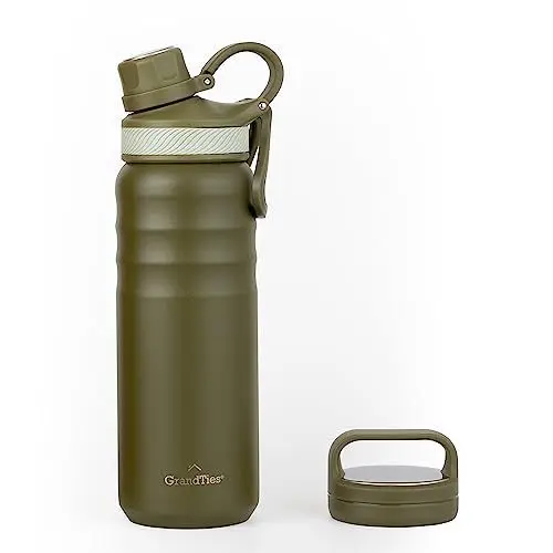 Produktbild: GrandTies 2 Deckel Sport Edelstahl Wasserflasche,709 ml, Wiederverwendbare Wide Mouth Vakuumisolierte Wasserflaschen, kälteste Wasserflasche für Männer und Frauen (Olivgrün, 24 oz)