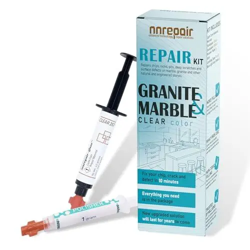 Produktbild: Granit-Reparaturset (klar/transparent) I Geeignet für die meisten Reparaturen I Auch für Fliesen, Arbeitsplatten, Glasfaser und Keramikoberflächen I Repariere gebrochene Chips in wenigen Minuten