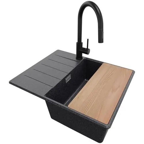 Produktbild: Granitspüle Anthrazit 62x50cm, Spülbecken 1 Becken + Ablauf-Set + Küchenarmatur + Schneidebrett, Küchenspüle ab 45er Unterschrank - Kopenhagen Top von Primagran