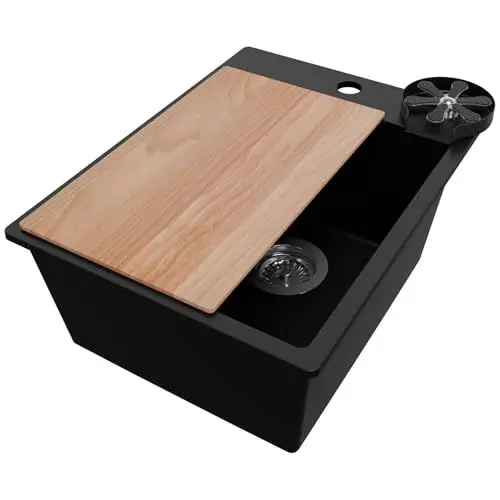 Produktbild: Granitspüle Schwarz 38x50cm, Spülbecken 1 Becken + Ablauf-Set + Schneidebrett + Gläserspüler, Küchenspüle ab 40er Unterschrank - Riga von Primagran