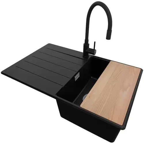 Produktbild: PRIMAGRAN Granitspüle Schwarz 78x50cm, Spülbecken 1 Becken + Ablauf-Set + Küchenarmatur 40x13cm + Schneidebrett, Küchenspüle ab 45er Unterschrank - Kopenhagen